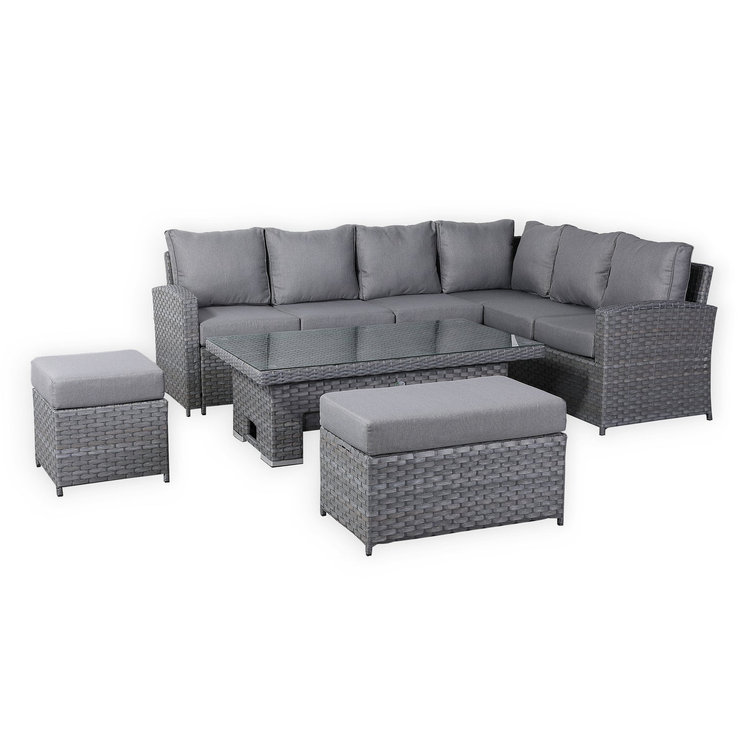 Due in 31/01/25....Isobella Range Right Hand Corner Sofa Set with Rising Table in Preminum Grey Rattan