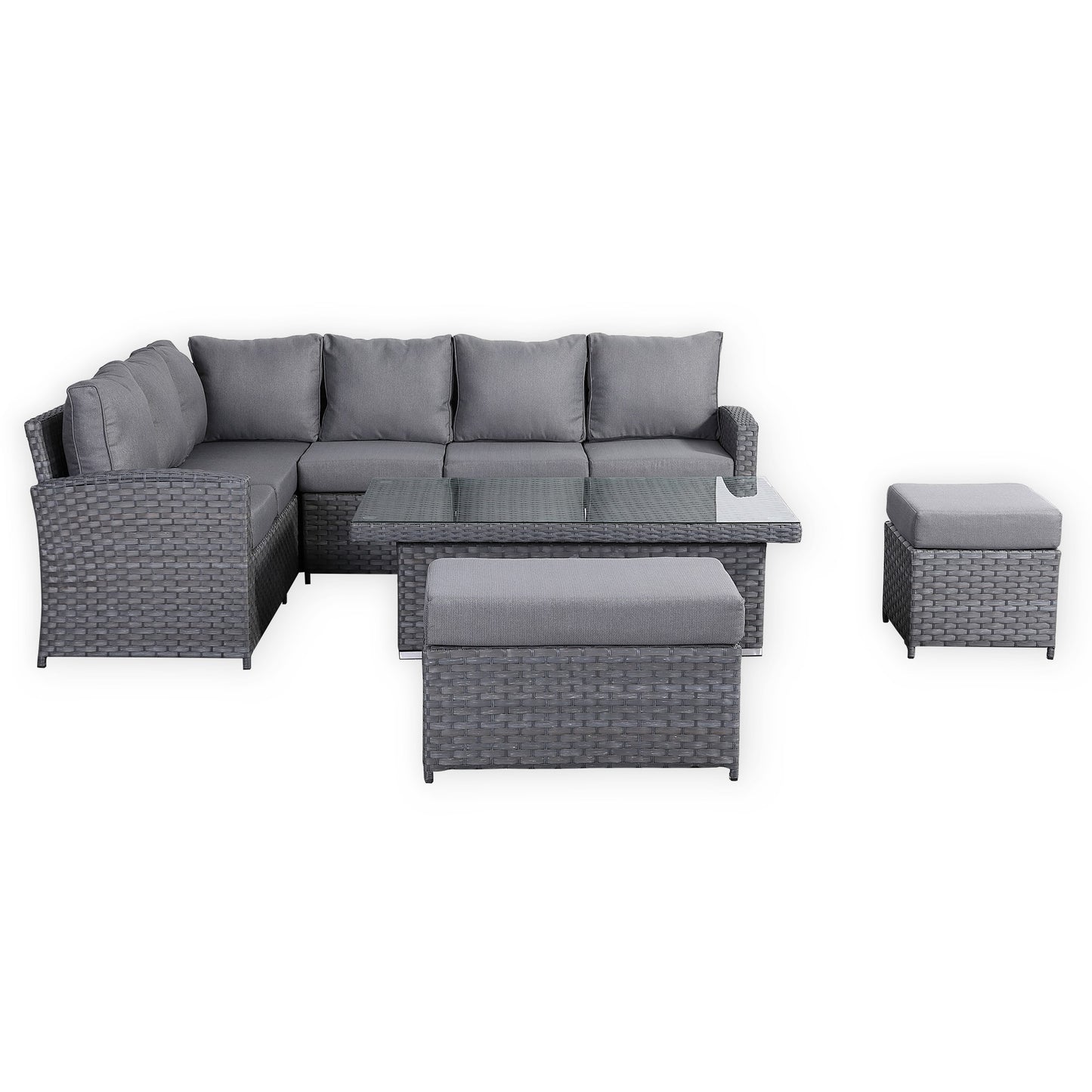 Due in 31/01/25....Isobella Range Left Hand Corner Sofa Set with Rising Table in Preminum Grey Rattan