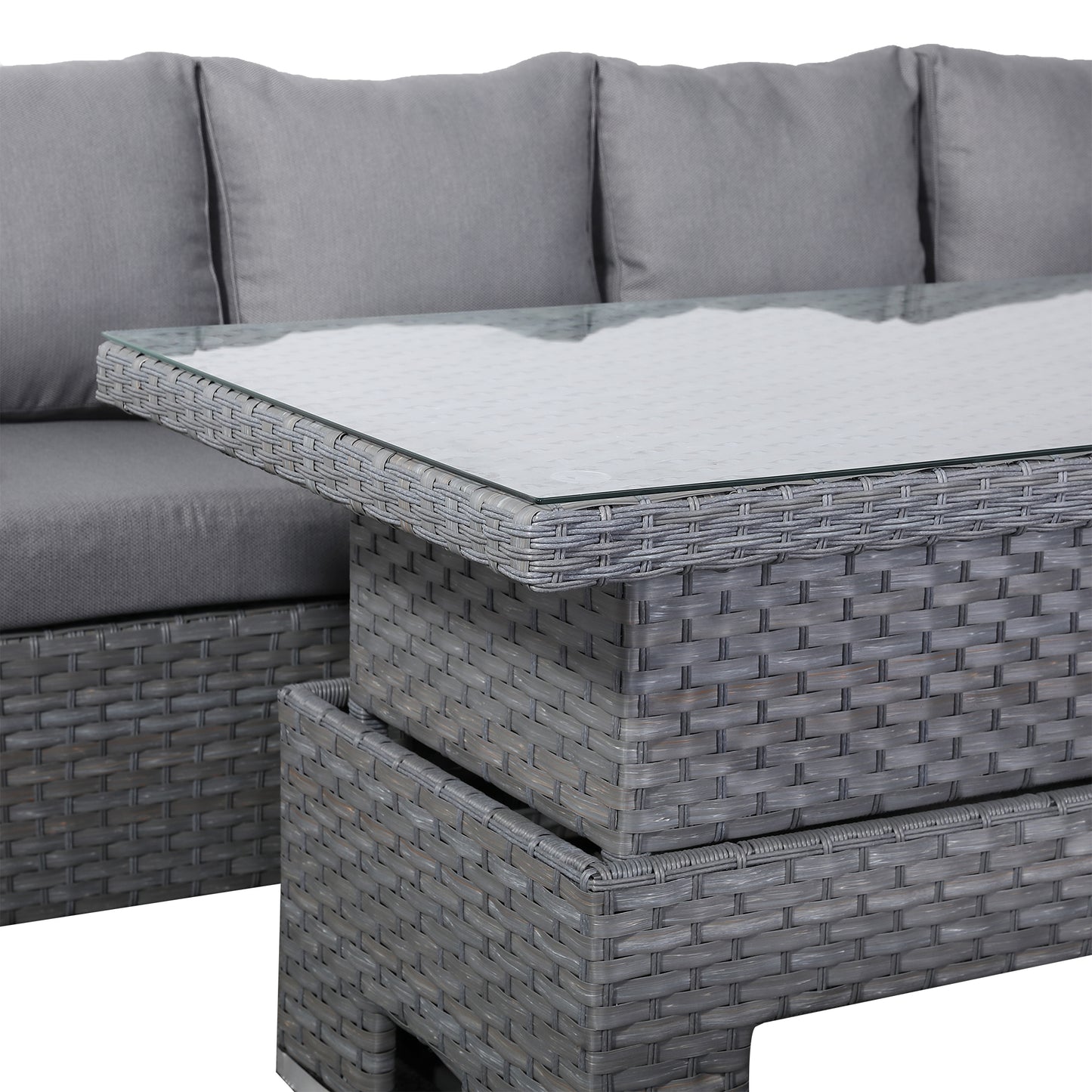 Due in 31/01/25....Isobella Range Right Hand Corner Sofa Set with Rising Table in Preminum Grey Rattan