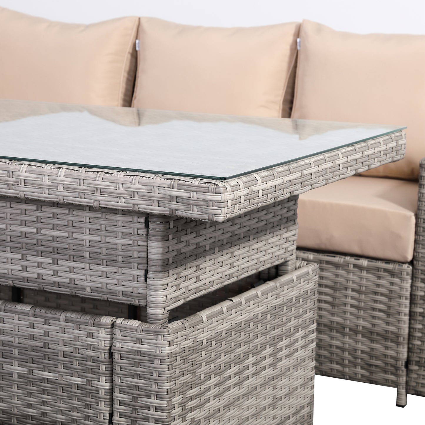 Due in 01/03/25 Ashley Range Elite Left Hand Corner Sofa Set with Rising Table in Light Grey Rattan (804PLUS)