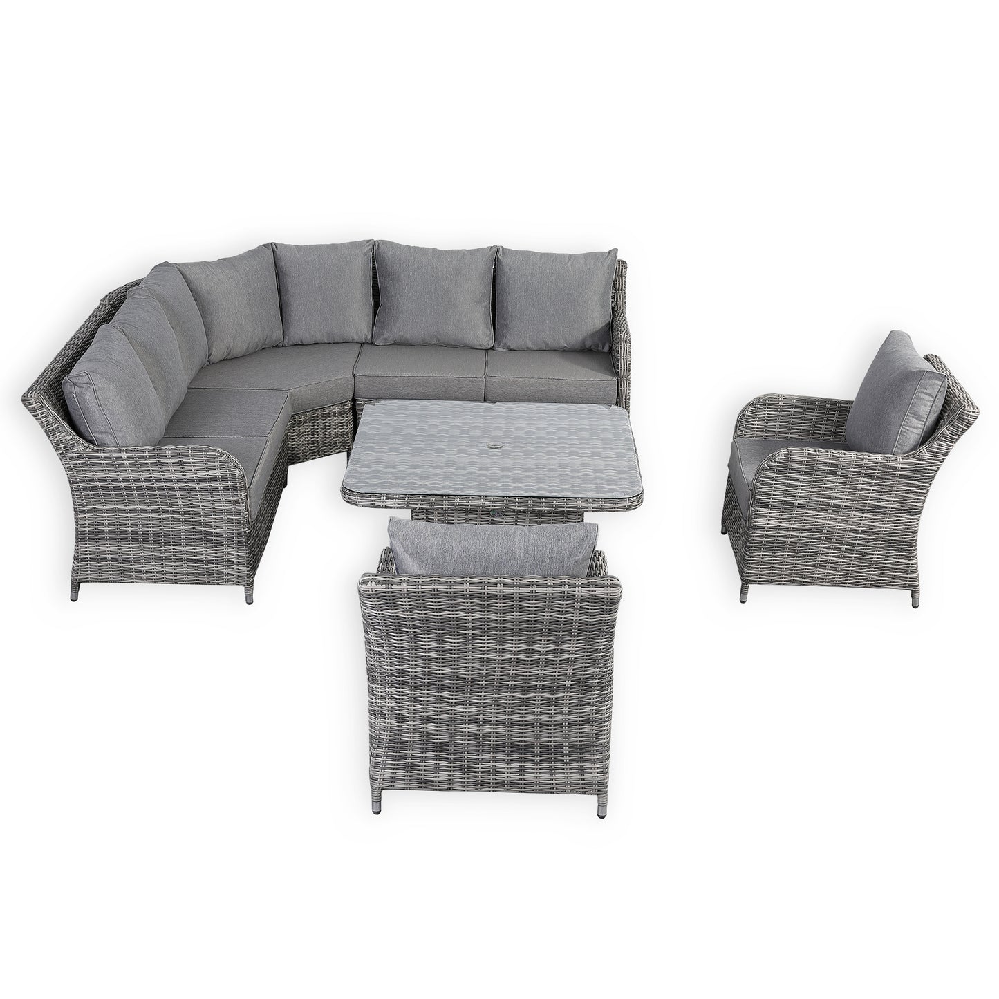 Due in 31/01/25....Sicily Range Aluminium Round Corner Set with Rising Table and Two Chairs in Half Round Grey Weave