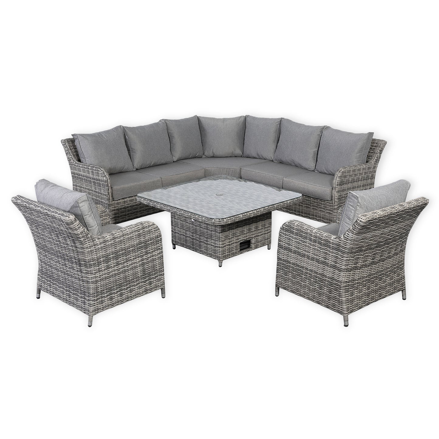 Sicily Range Aluminium Round Corner Set with Rising Table and Two Chairs in Half Round Grey Weave