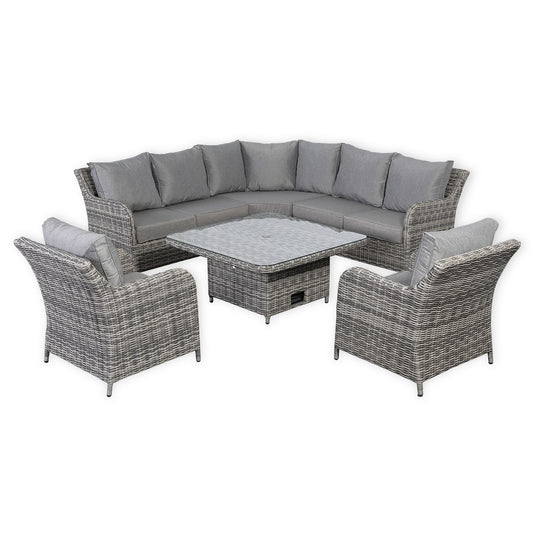 Due in 31/01/25....Sicily Range Aluminium Round Corner Set with Rising Table and Two Chairs in Half Round Grey Weave