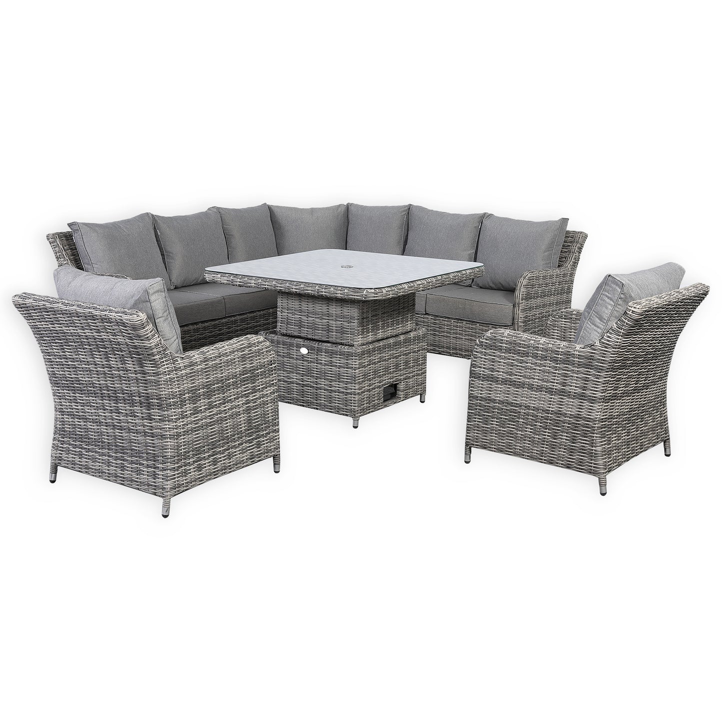 Sicily Range Aluminium Round Corner Set with Rising Table and Two Chairs in Half Round Grey Weave