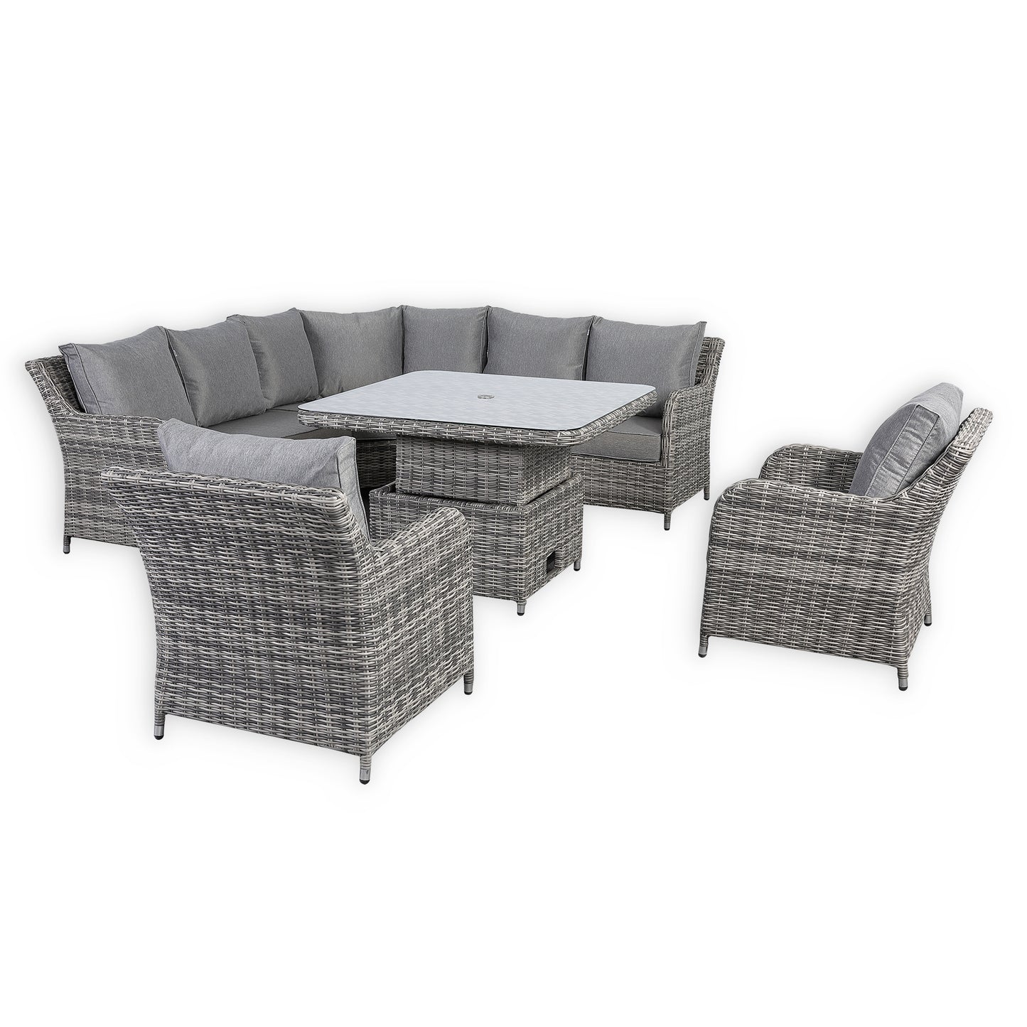 Sicily Range Aluminium Round Corner Set with Rising Table and Two Chairs in Half Round Grey Weave