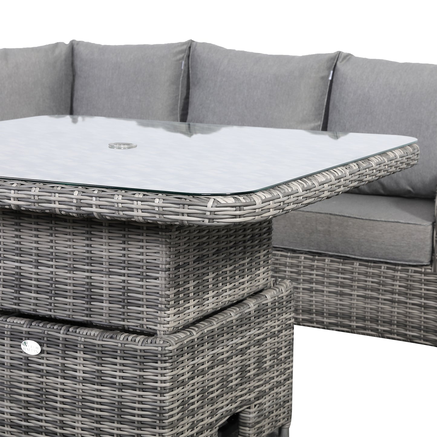 Due in 31/01/25....Sicily Range Aluminium Round Corner Set with Rising Table and Two Chairs in Half Round Grey Weave