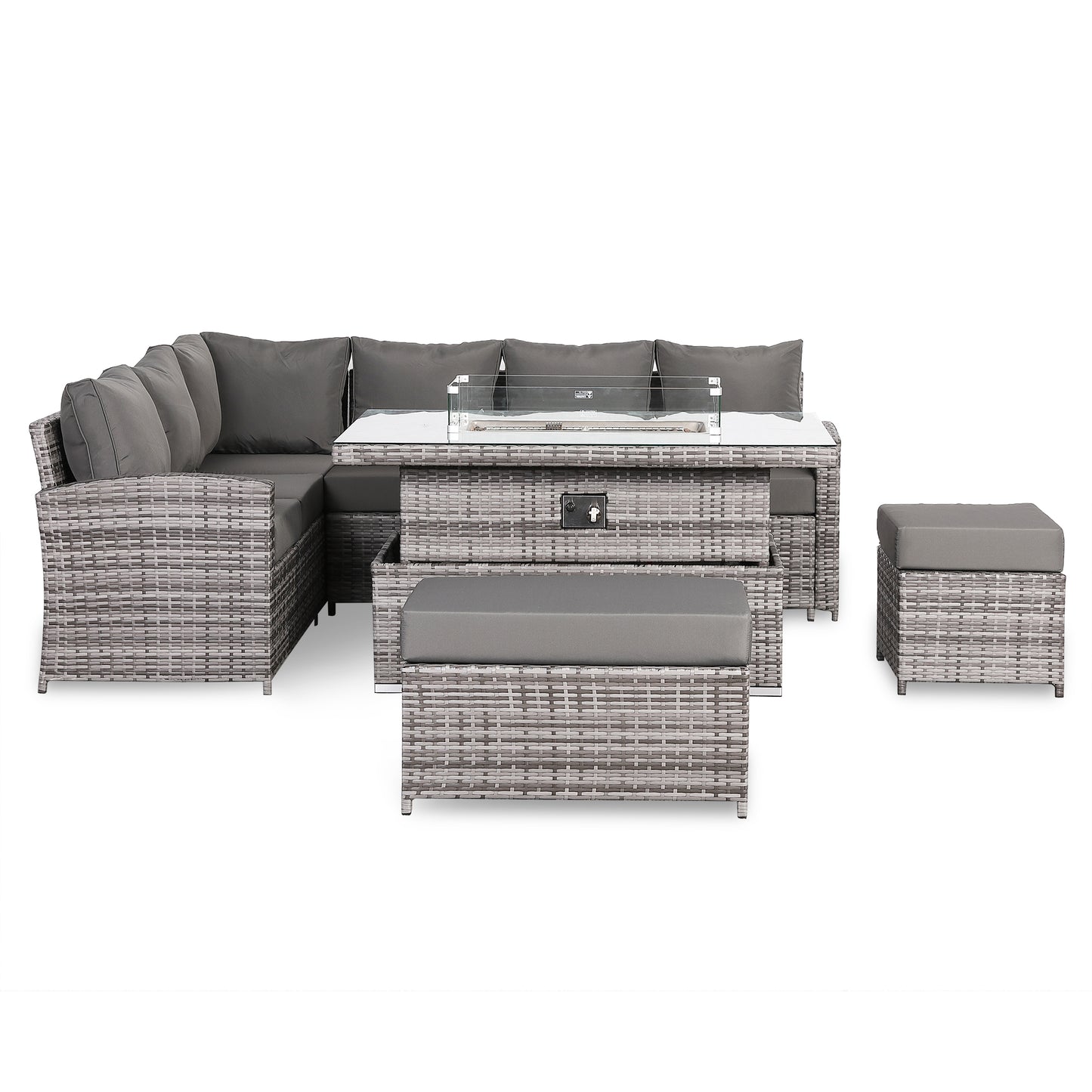 Due in 15/07/25...Harmony Range High Back Left Hand Corner Sofa Set with Fire Pit Rising Table in Grey Waeve