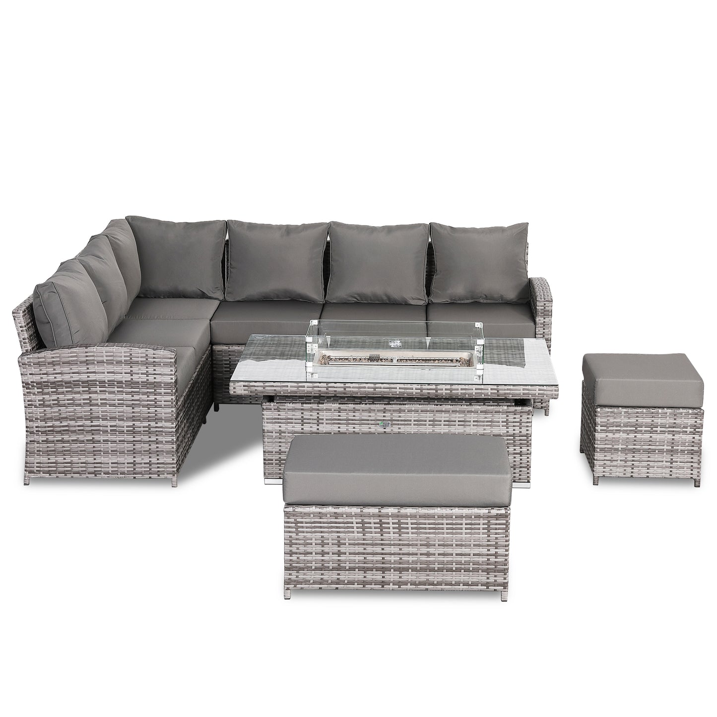 Due in 15/07/25...Harmony Range High Back Left Hand Corner Sofa Set with Fire Pit Rising Table in Grey Waeve