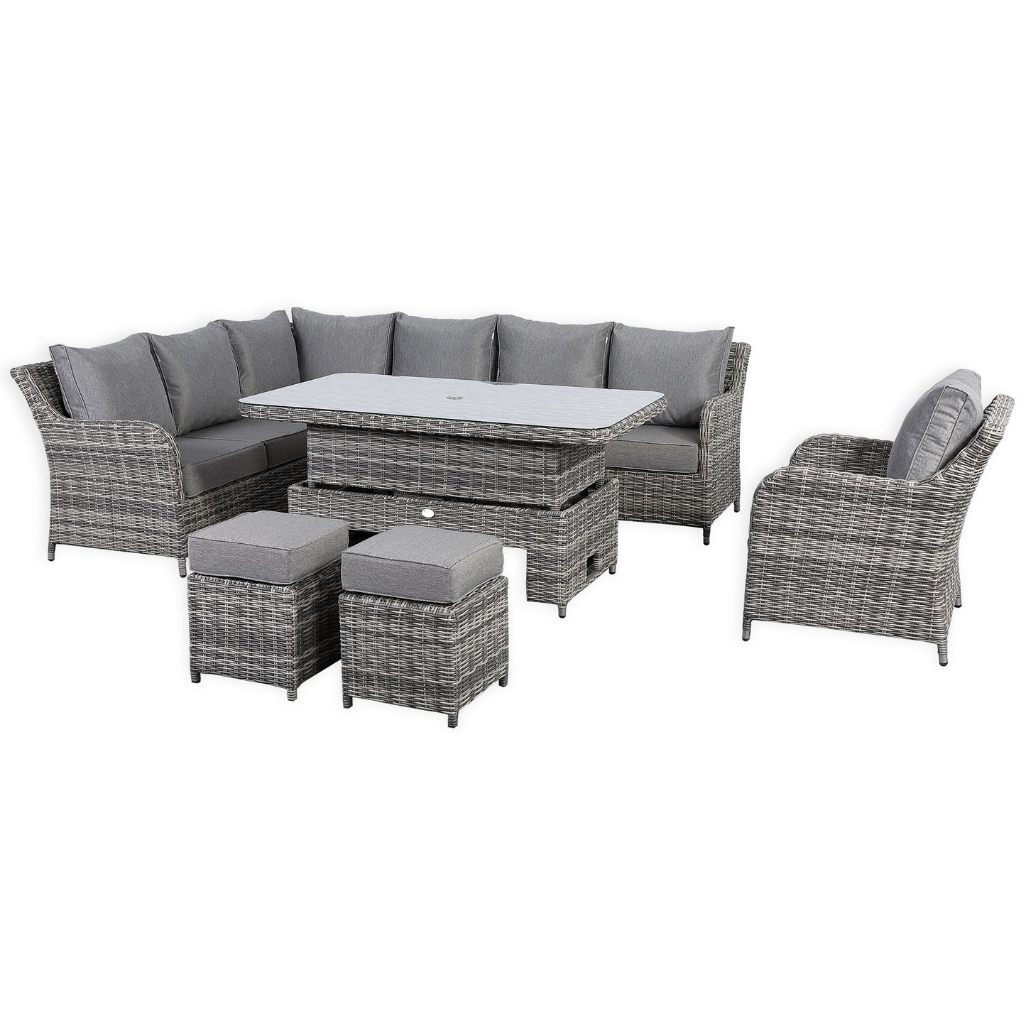 Due in 28/02/25....Sicily Range Aluminium Left Hand Corner Set with Rising Table and Arm Chair in Half Round Grey Weave