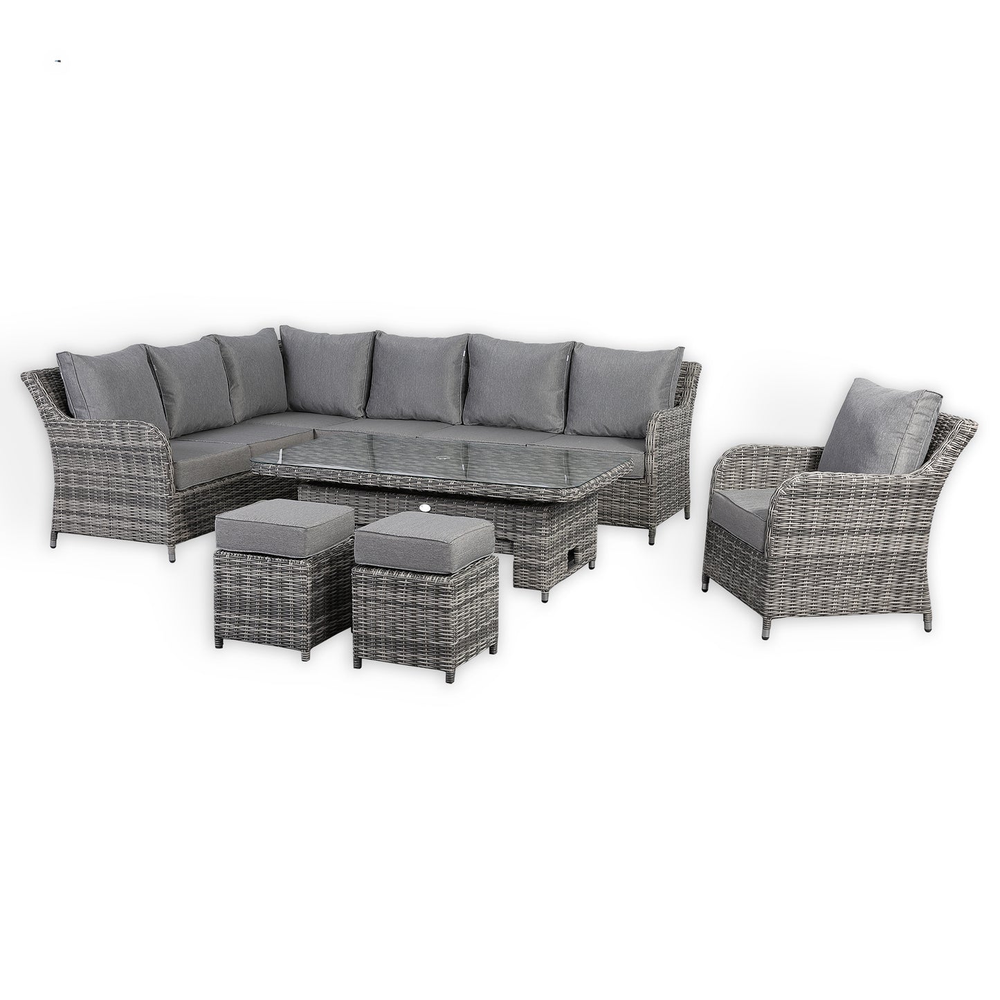 Due in 28/02/25....Sicily Range Aluminium Left Hand Corner Set with Rising Table and Arm Chair in Half Round Grey Weave