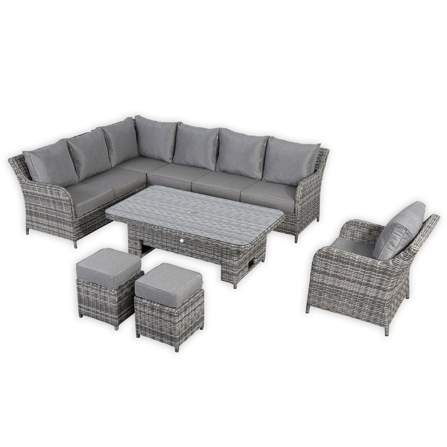 Due in 28/02/25....Sicily Range Aluminium Left Hand Corner Set with Rising Table and Arm Chair in Half Round Grey Weave