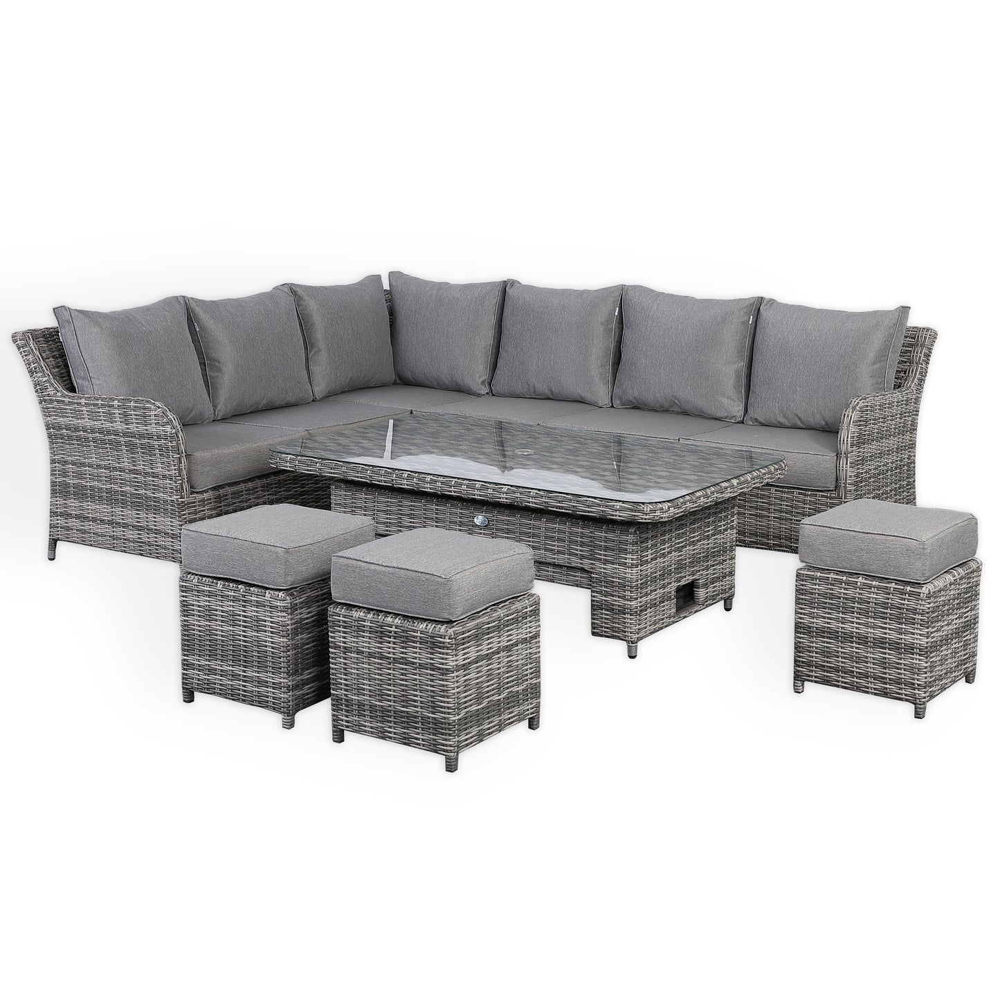 Due in 25/02/25....Sicily Range Aluminium Left Hand Corner Set with Rising Table in Half Round Grey Weave