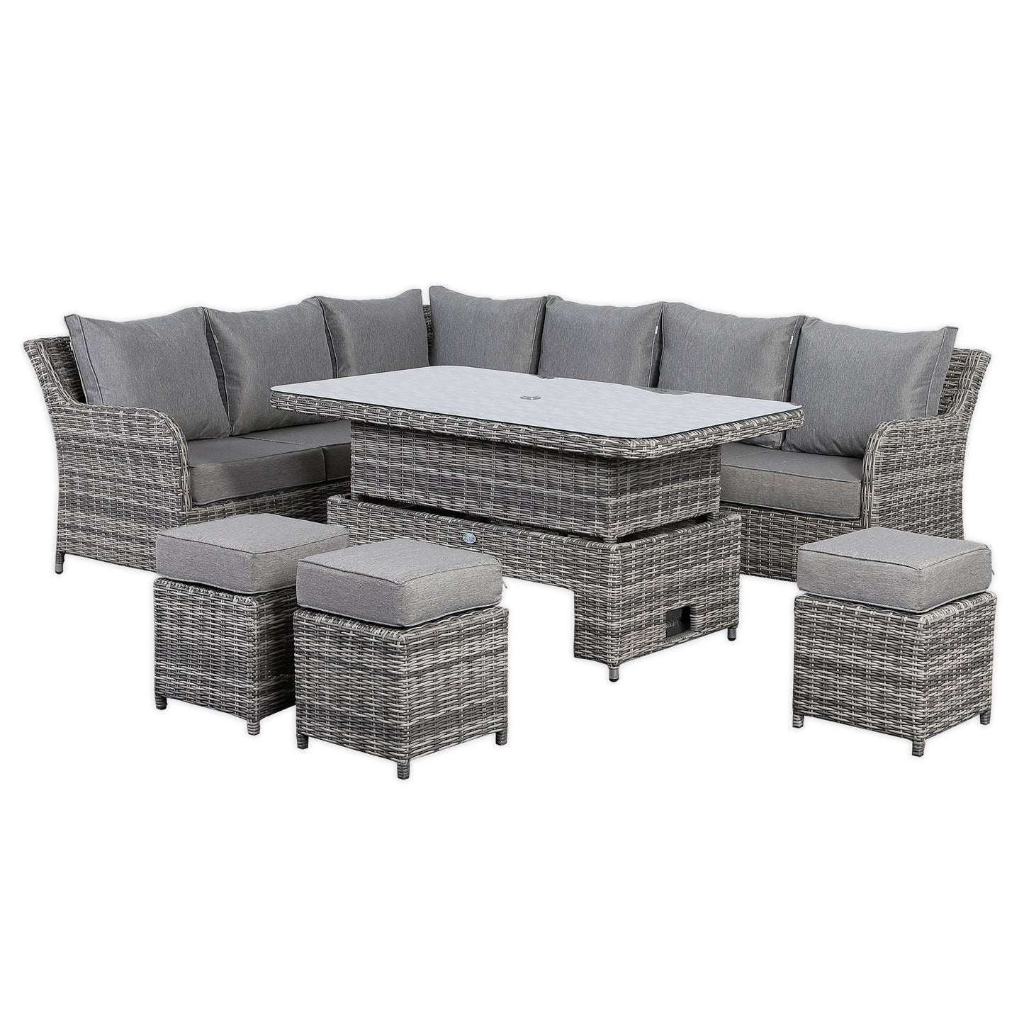 Due in 25/02/25....Sicily Range Aluminium Left Hand Corner Set with Rising Table in Half Round Grey Weave