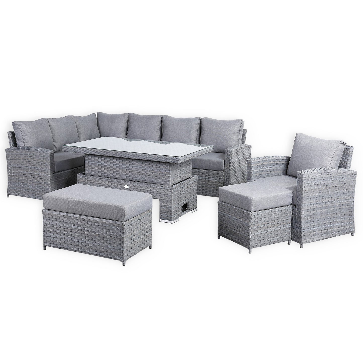 Isobella Range Elite Left Hand Corner Sofa Set with Rising Table and Arm Chair in Grey Rattan