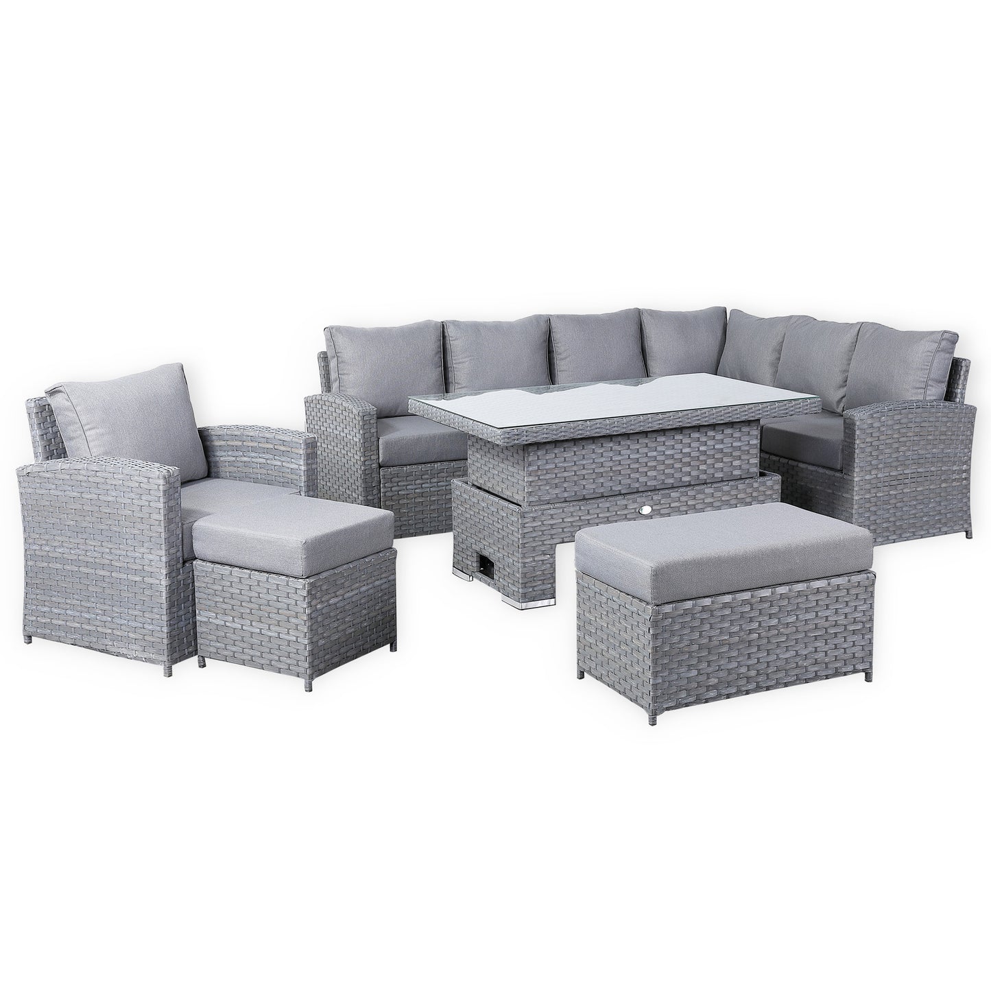 Isobella Range Elite Right Hand Corner Sofa Set with Rising Table and Arm Chair in Grey Rattan