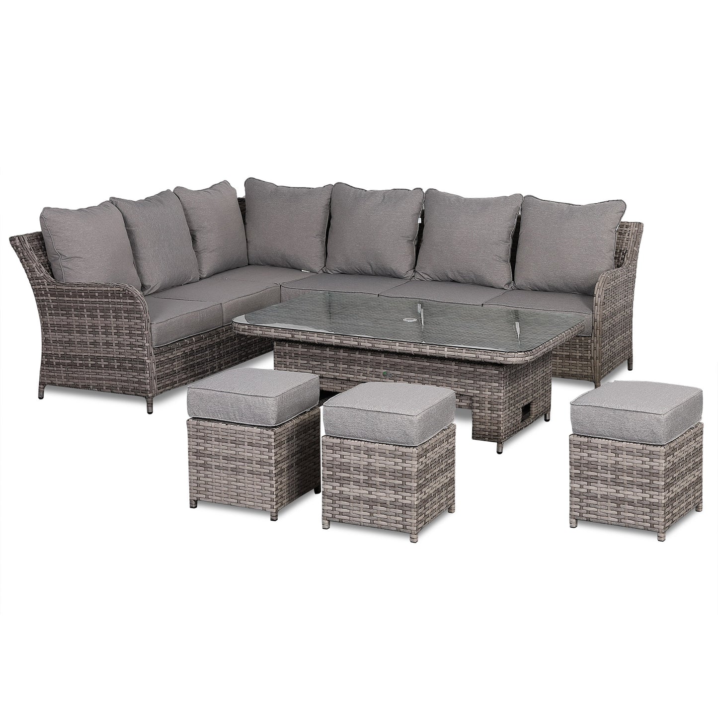 Sicily Range Aluminium Left Hand Corner Set with Rising Table in Rustic Grey Weave