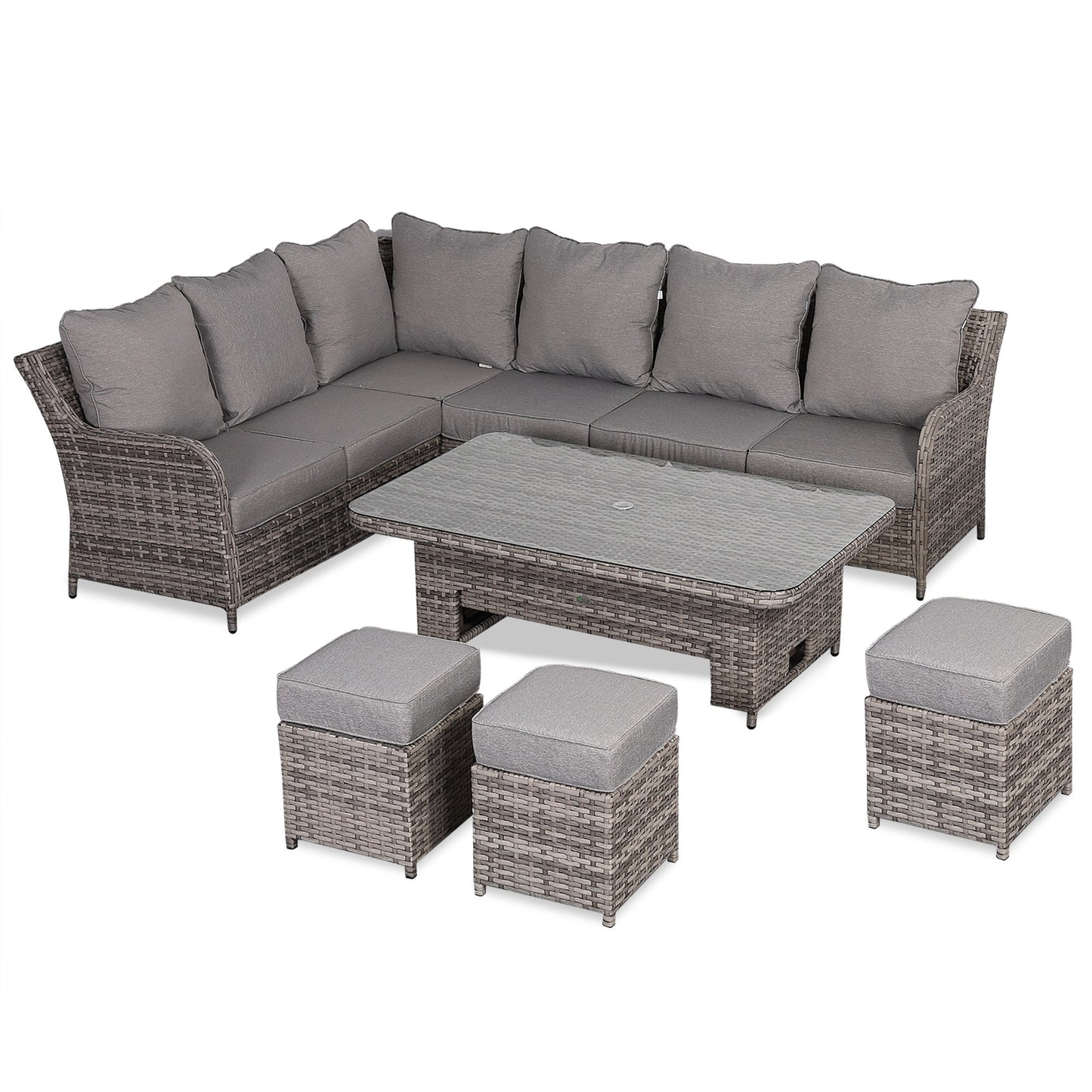 Sicily Range Aluminium Left Hand Corner Set with Rising Table in Rustic Grey Weave