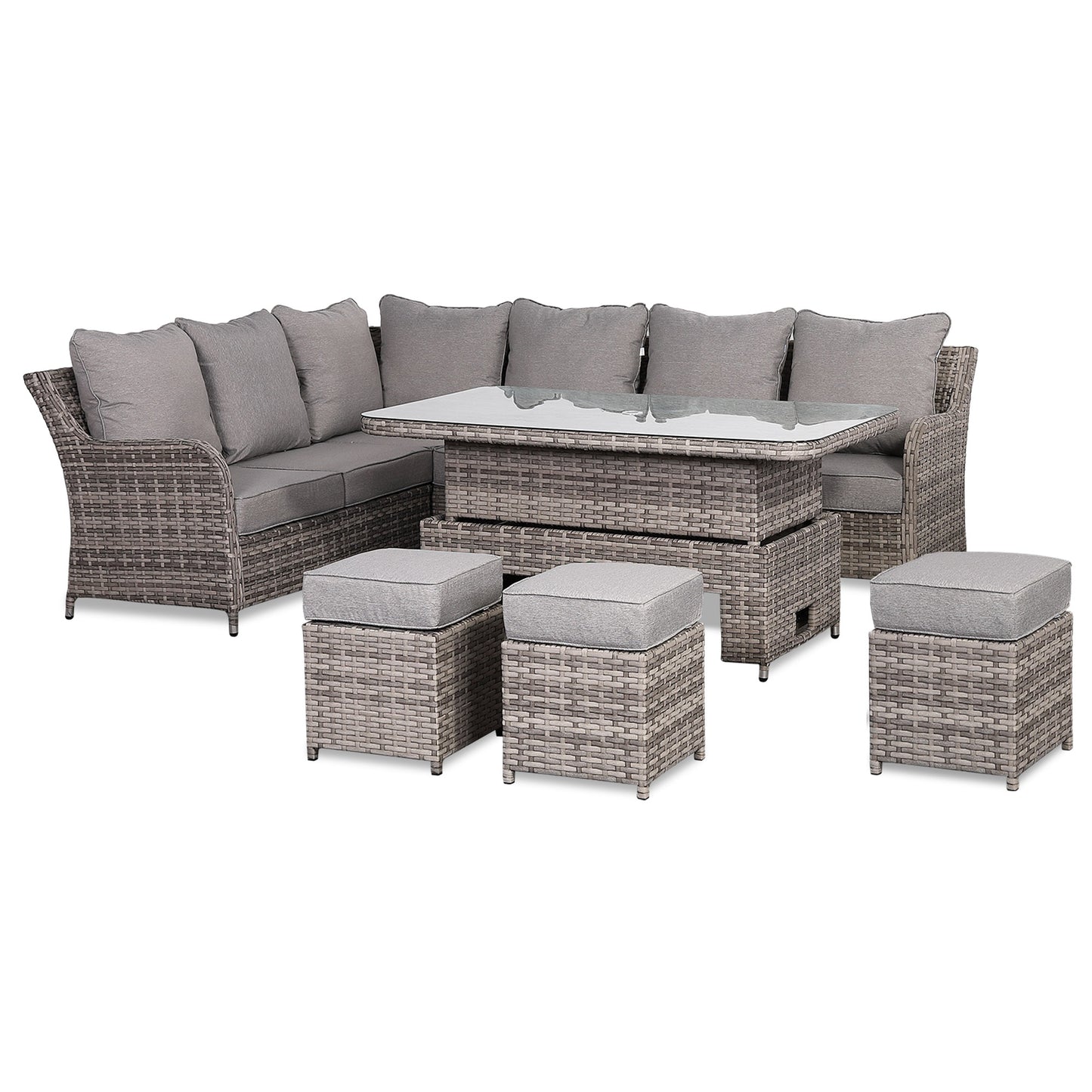 Sicily Range Aluminium Left Hand Corner Set with Rising Table in Rustic Grey Weave
