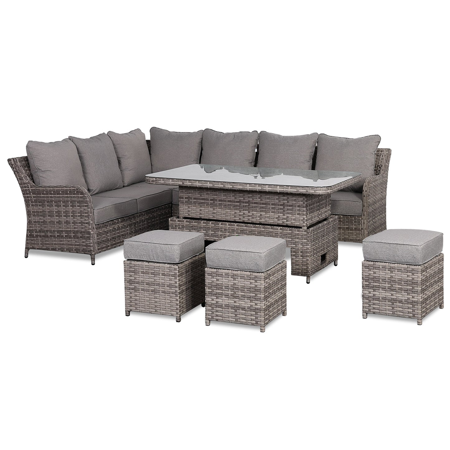 Sicily Range Aluminium Left Hand Corner Set with Rising Table in Rustic Grey Weave
