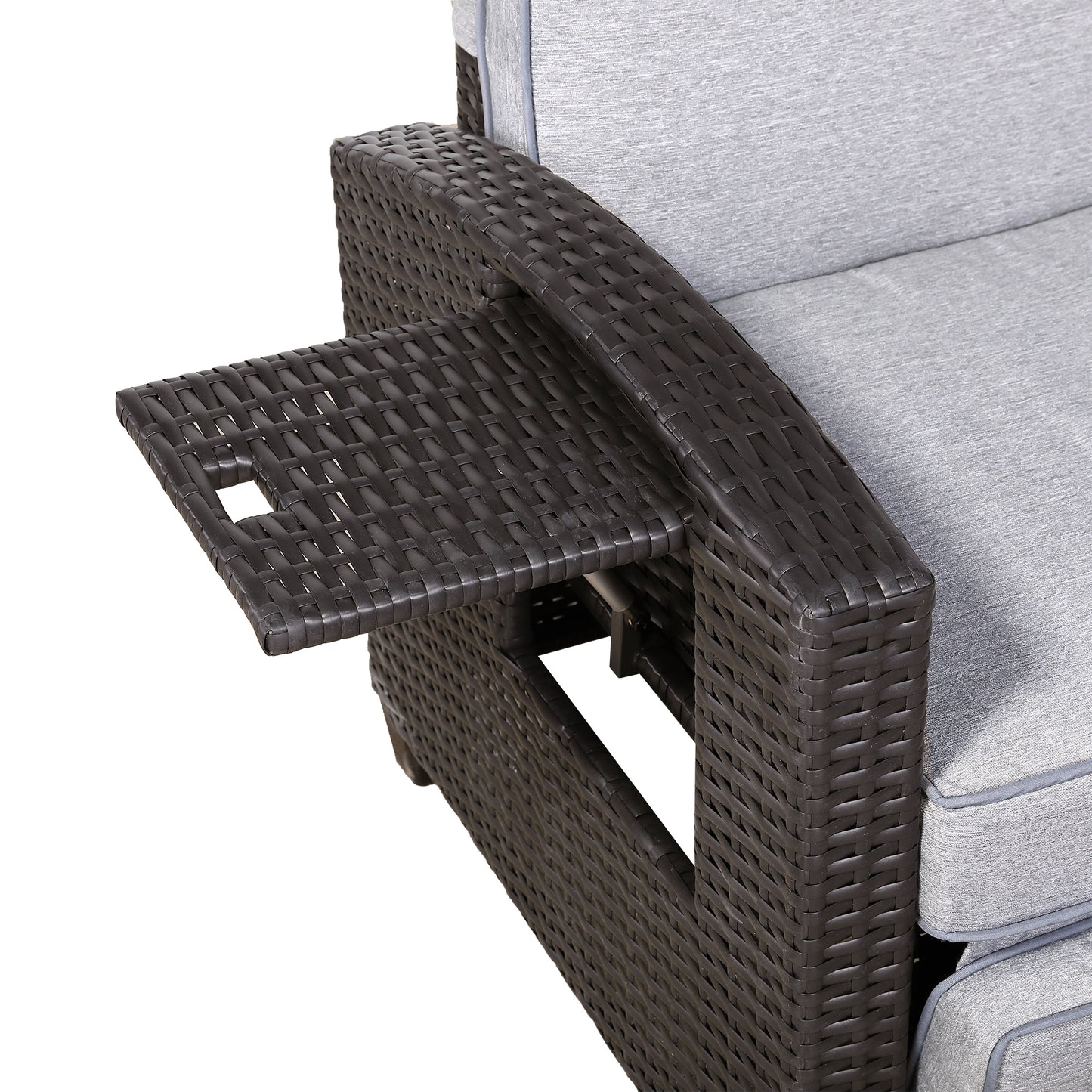 Due in 10/03/25 Ebony Range Reclining Armchair with Flip Table in Dark Brown Weave and Grey Cushion