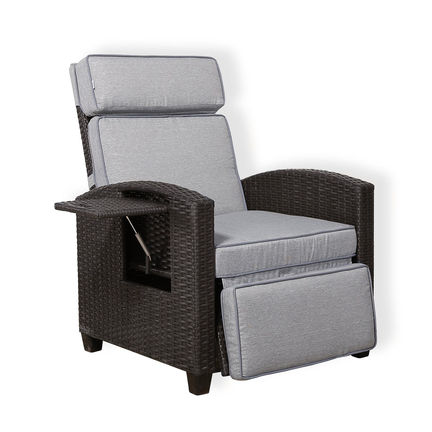 Due in 10/03/25 Ebony Range Reclining Armchair with Flip Table in Dark Brown Weave and Grey Cushion