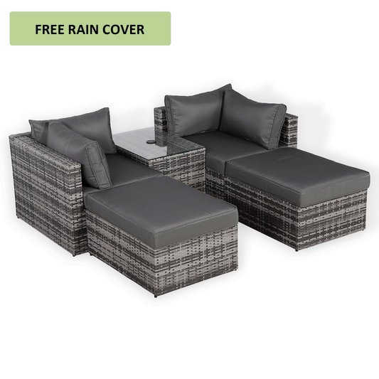 Modern Range Lounger Chaise Sofa Set with Side Table in Grey Rattan with Free Rain Cover