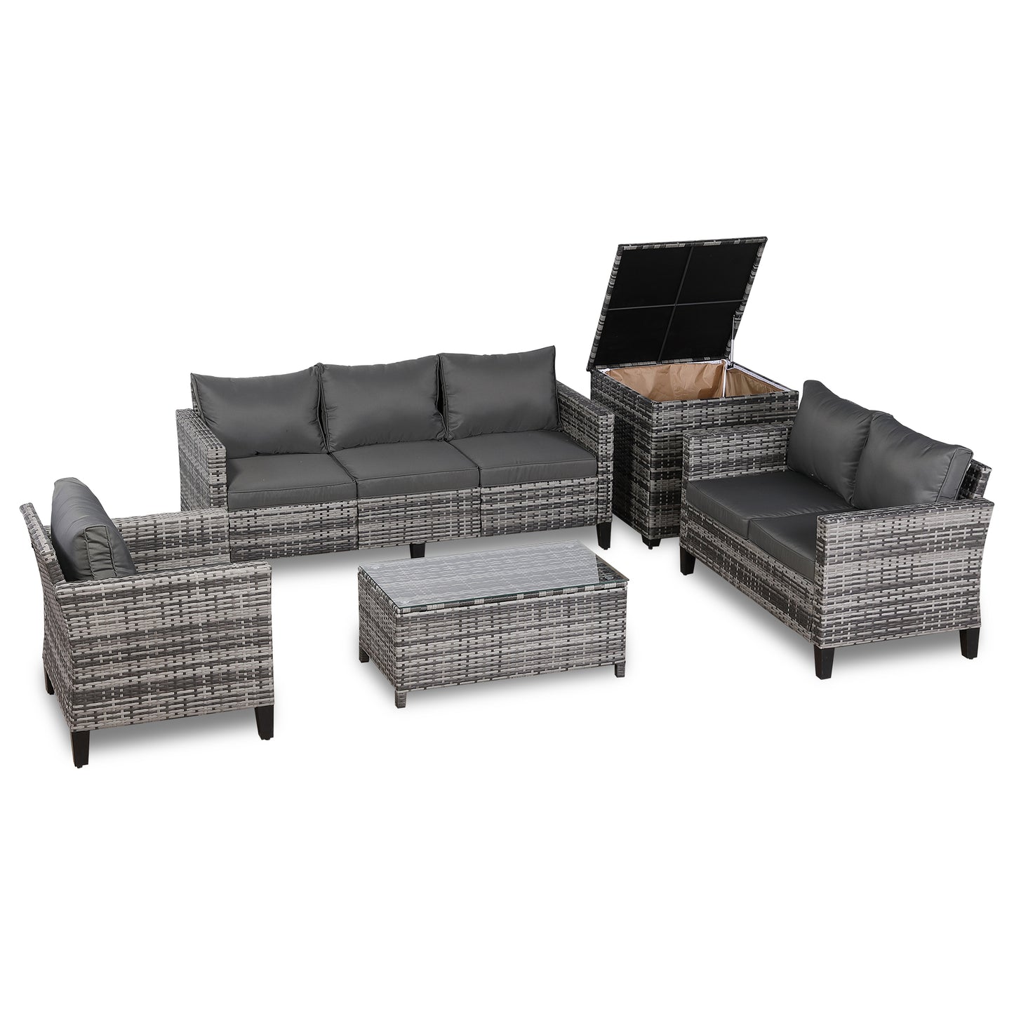 Palma Range Large Conrer Sofa Sets with Storage Box in Grey Rattan and Grey Cushions