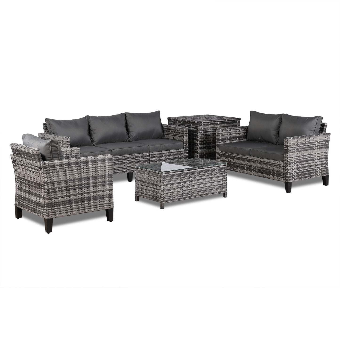 Palma Range Large Conrer Sofa Sets with Storage Box in Grey Rattan and Grey Cushions
