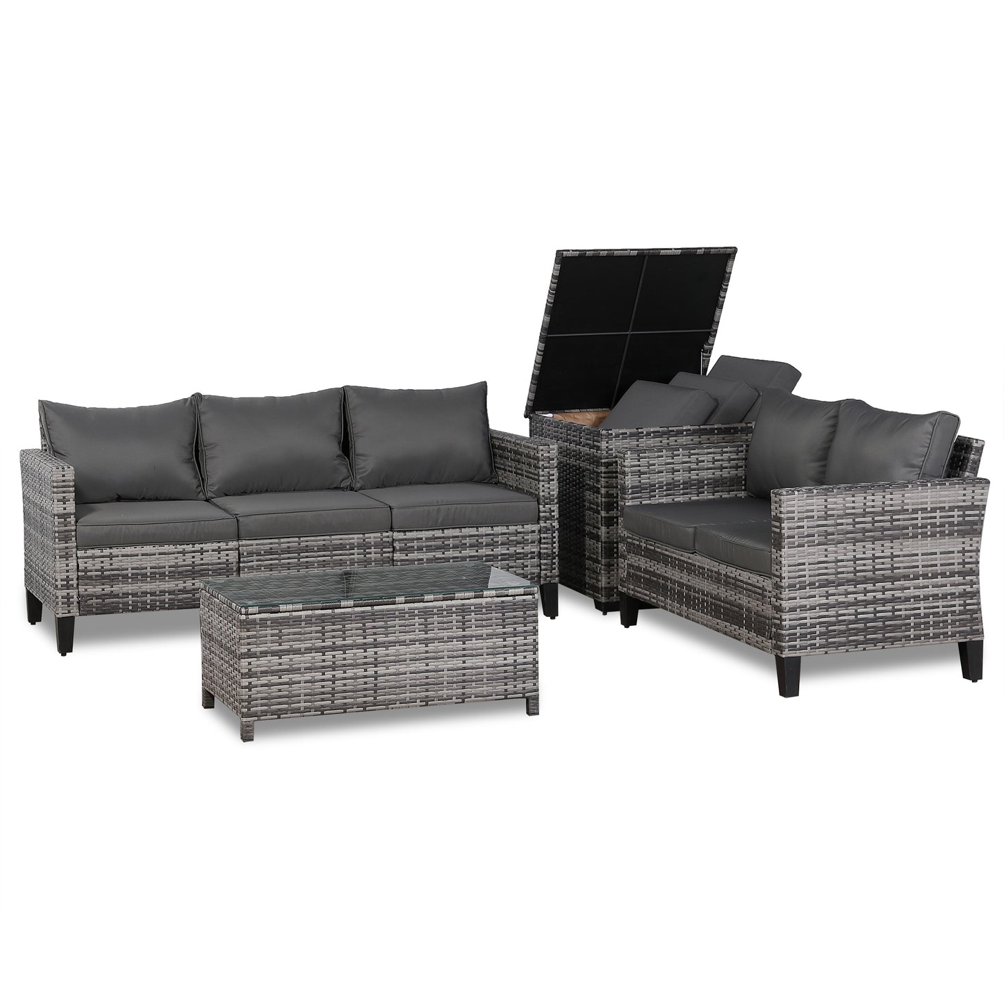Palma Range Corner Sofa Sets with Storage Box in Grey Rattan and Grey Cushions
