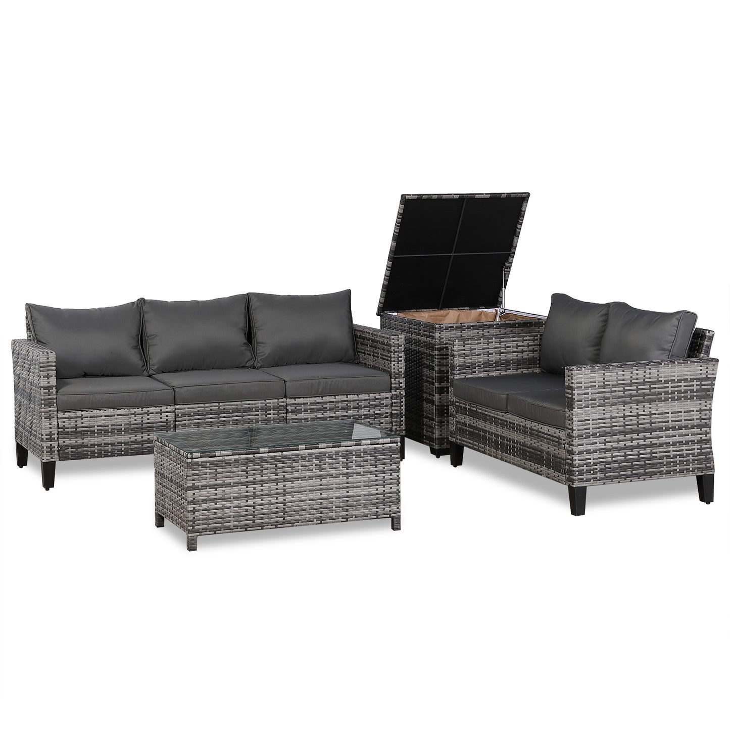 Palma Range Corner Sofa Sets with Storage Box in Grey Rattan and Grey Cushions
