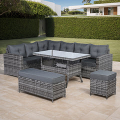 Henley Lhf Corner Sofa Set with Dining Table in Grey Rattan