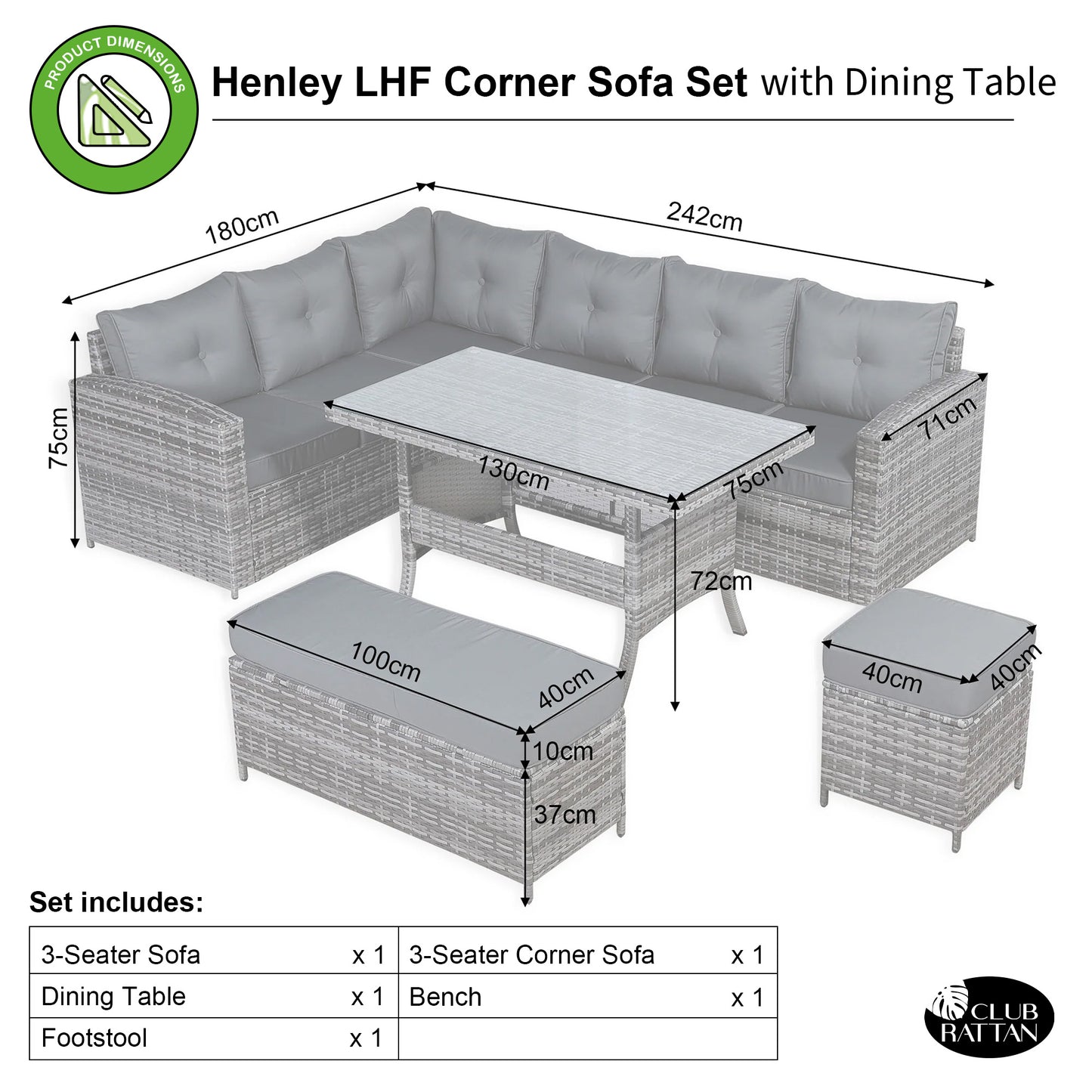 Henley Lhf Corner Sofa Set with Dining Table in Grey Rattan