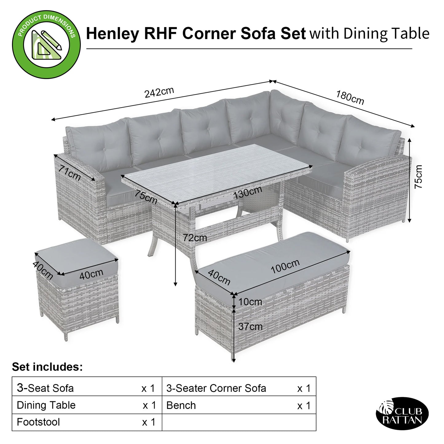 Charing Right Hand Corner Sofa Set with Dining Table in Beige Grey Rattan (M2)