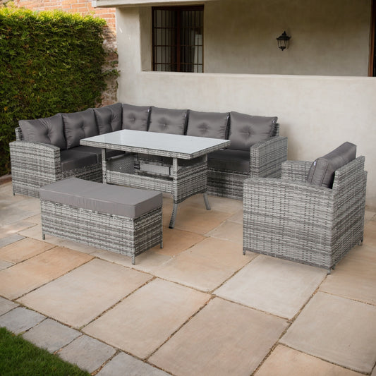 Due in 30/06/25 Henley Range Elite Lhf Corner Sofa Set with Dining Table in Grey Rattan
