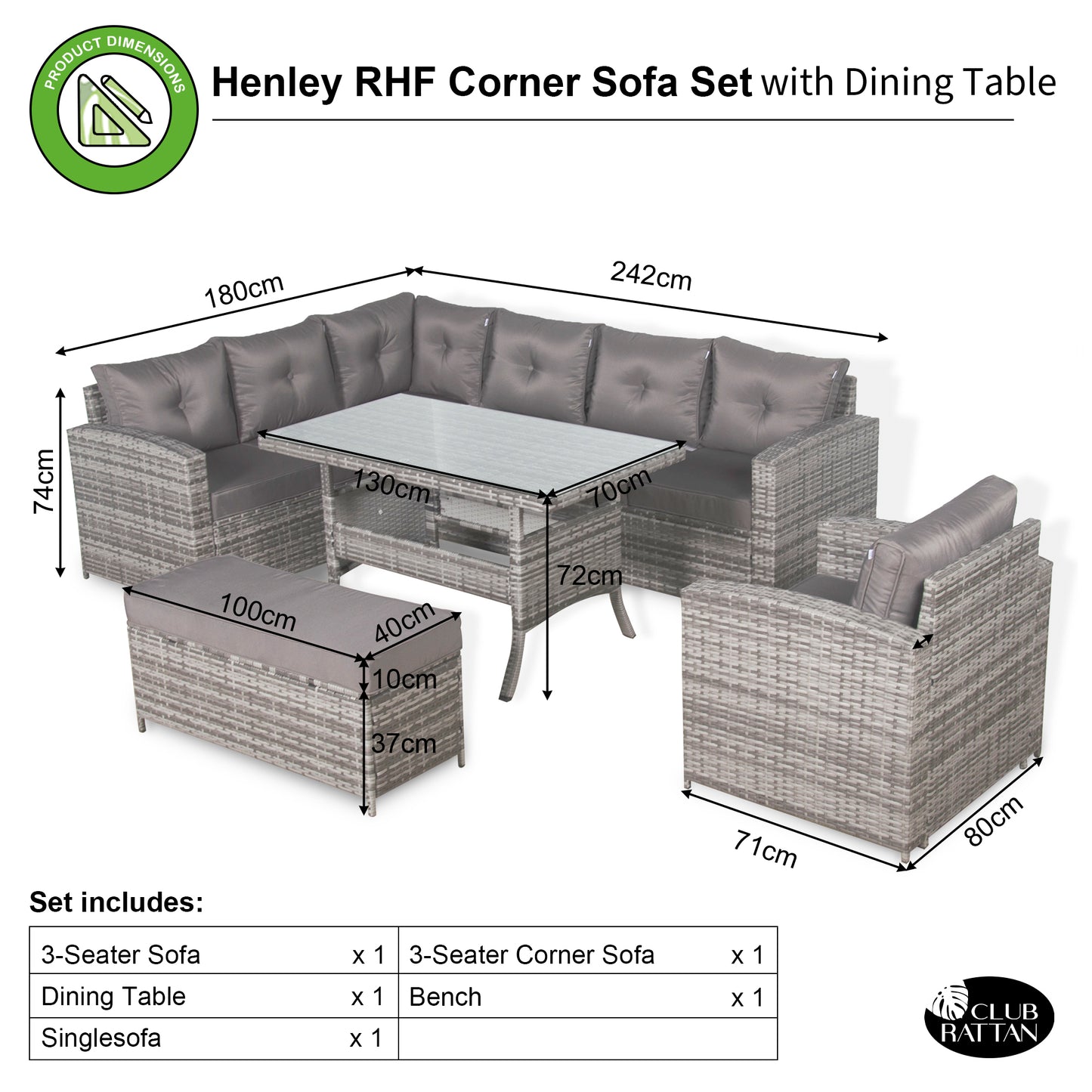 Due in 30/06/25 Henley Range Elite Lhf Corner Sofa Set with Dining Table in Grey Rattan
