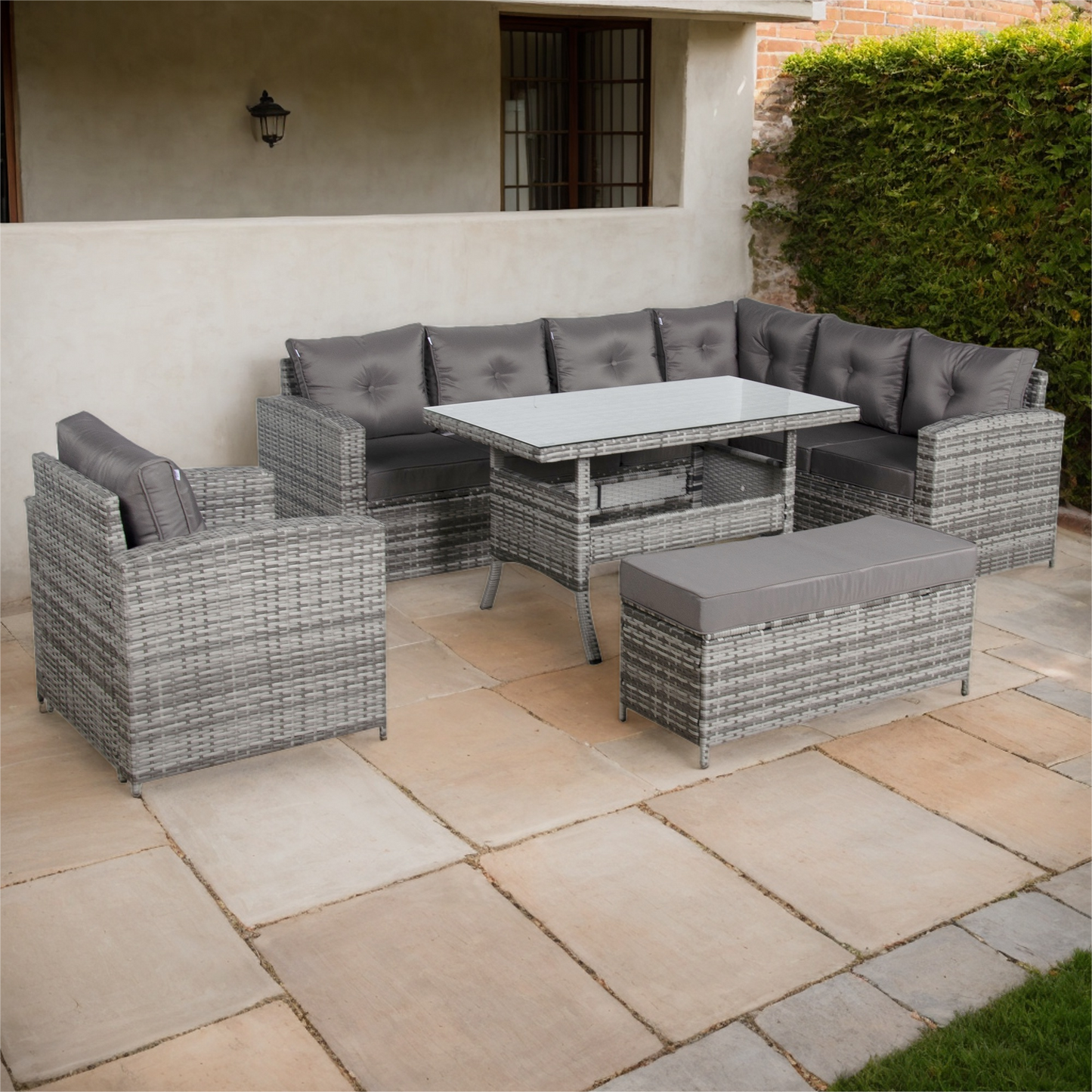 Due in 30/06/25 Henley Range Rlite Rhf Corner Sofa Set with Dining Table in Grey Rattan