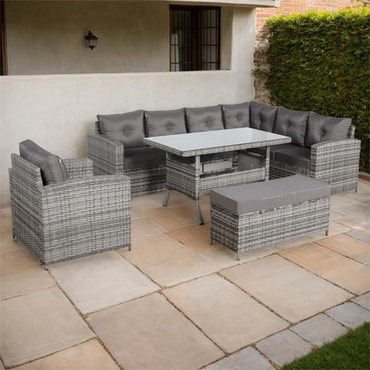 Due in 30/06/25 Henley Range Rlite Rhf Corner Sofa Set with Dining Table in Grey Rattan