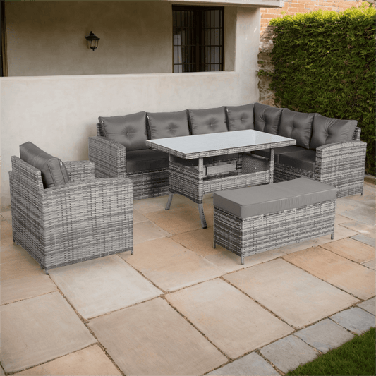 Due in 30/06/25 Henley Range Rlite Rhf Corner Sofa Set with Dining Table in Grey Rattan