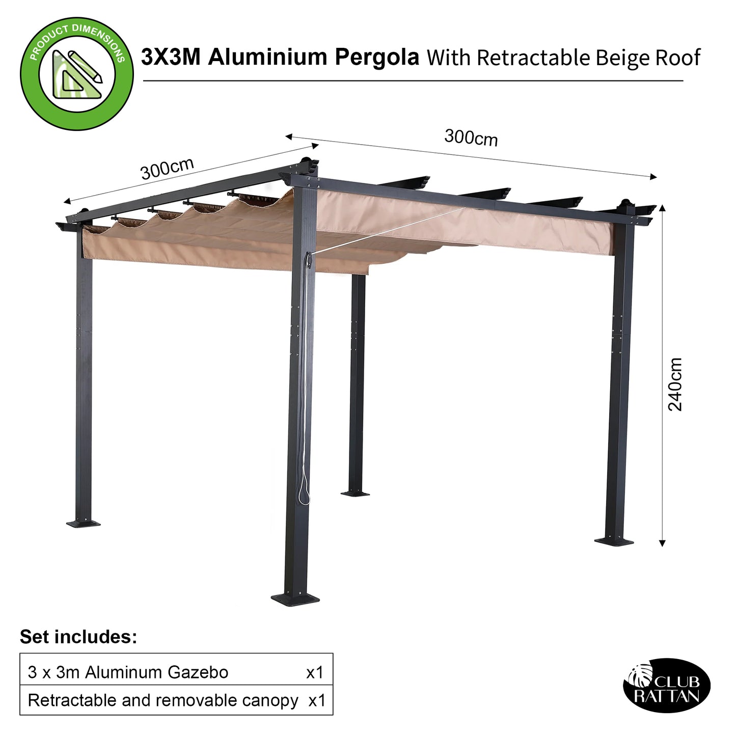 Club Rattan 3 X 3M Aluminium Pergola With Retractable Beige Roof, Large Garden Pergola for BBQ, Outdoor and patio, in Charcoal