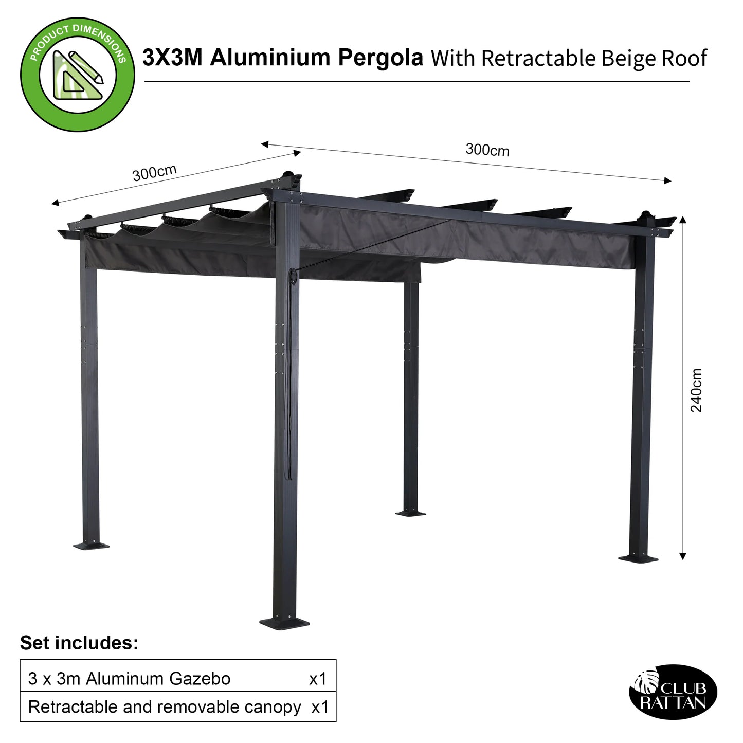 Club Rattan 3 X 3M Aluminium Pergola With Retractable Grey Roof, Large Garden Pergola for BBQ, Outdoor and patio, in Charcoal