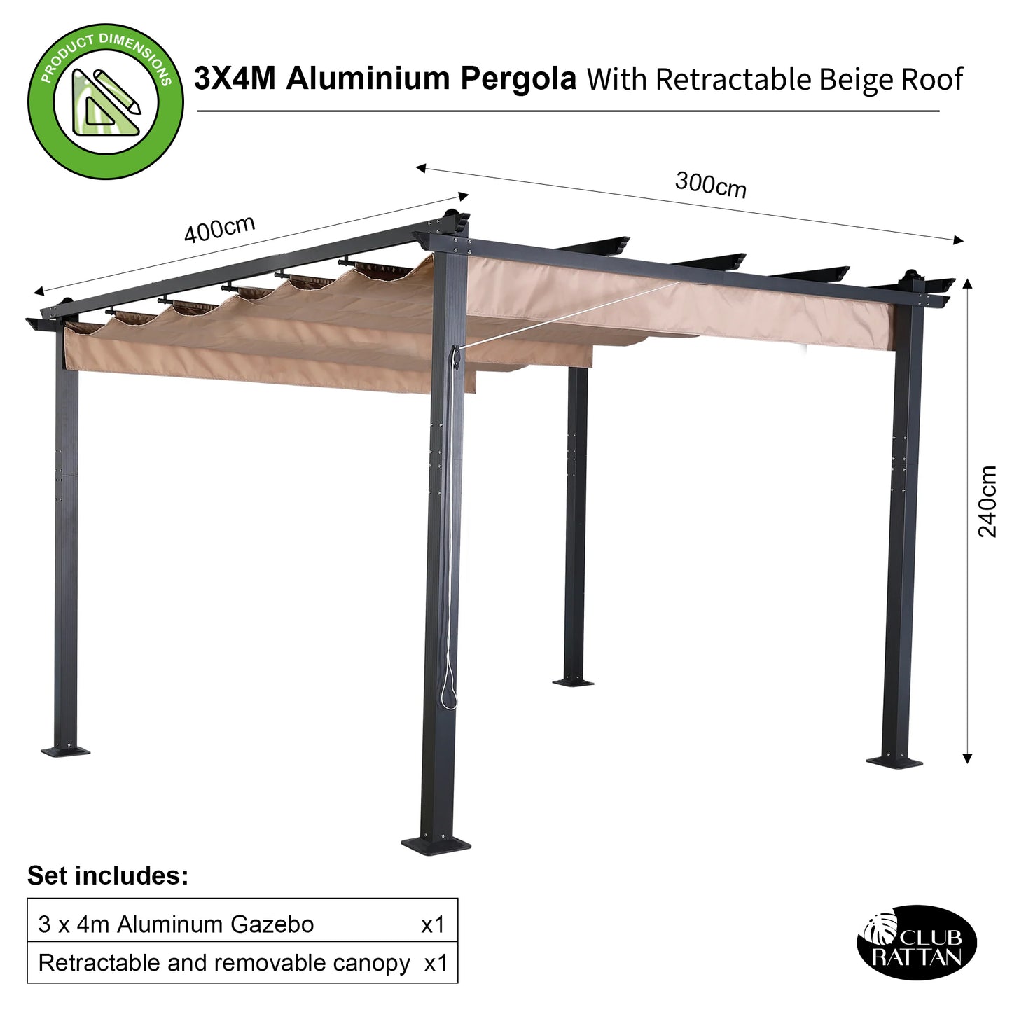 Club Rattan 3 X 4M Aluminium Pergola With Retractable Beige Roof, Large Garden Pergola for BBQ, Outdoor and patio, in Charcoal