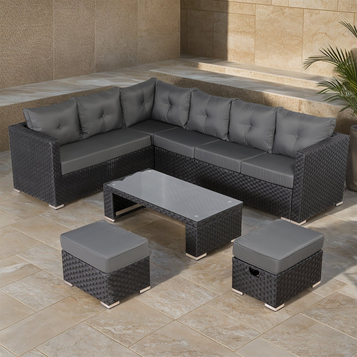 Newick Modular Corner Sofa with Coffee Table and 2 Footstools in Black Weave(CS06)