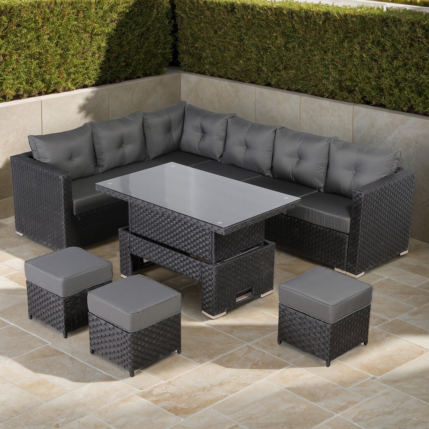 Newick Modular Corner Sofa with Rising Table and 3 Footstools in Black Weave(CS07)