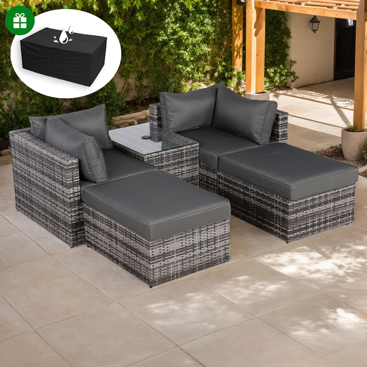 Modern Range Lounger Chaise Sofa Set with Side Table in Grey Rattan with Free Rain Cover