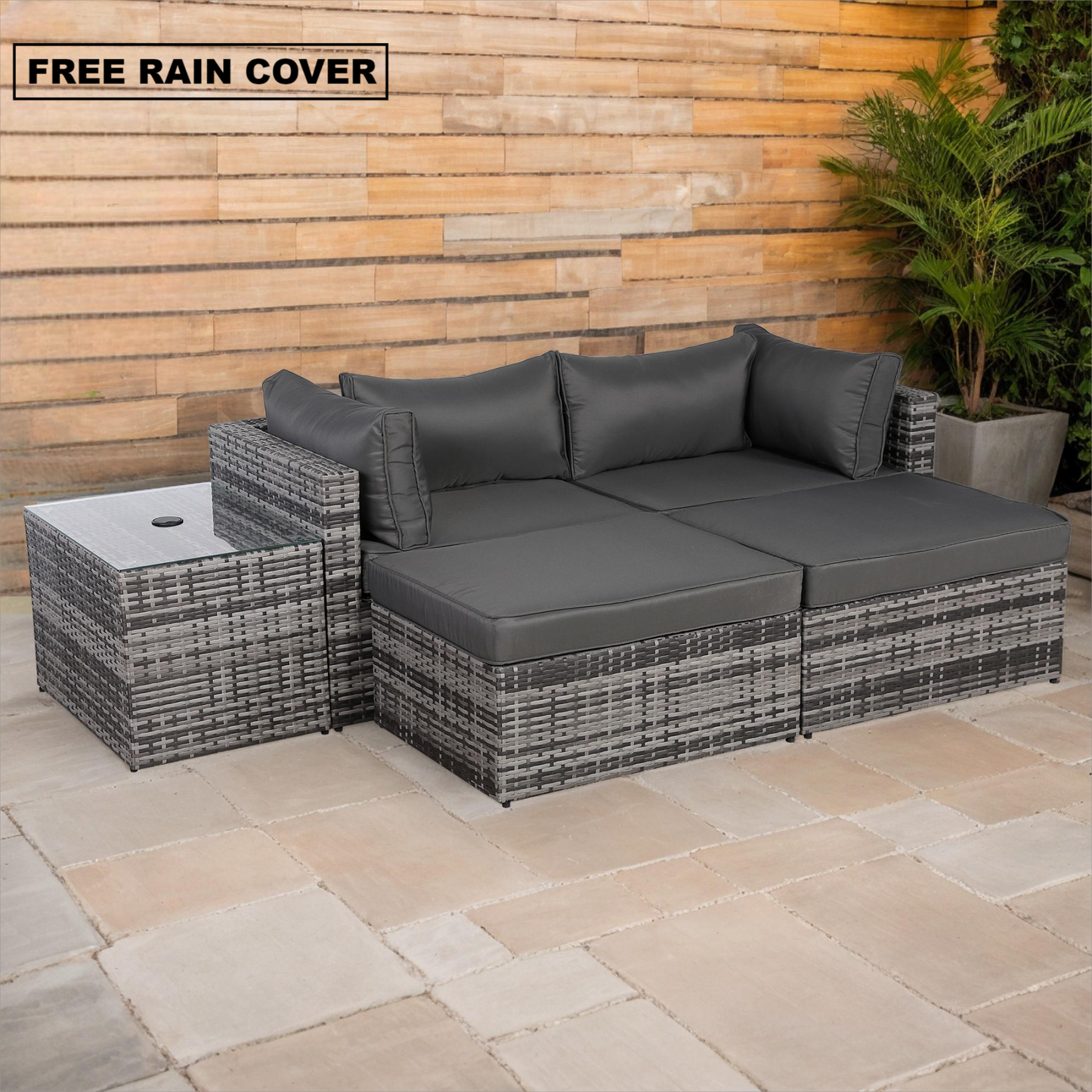 Modern Range Lounger Chaise Sofa Set with Side Table in Grey Rattan with Free Rain Cover