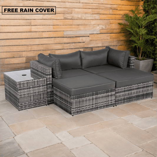 Modern Range Lounger Chaise Sofa Set with Side Table in Grey Rattan with Free Rain Cover