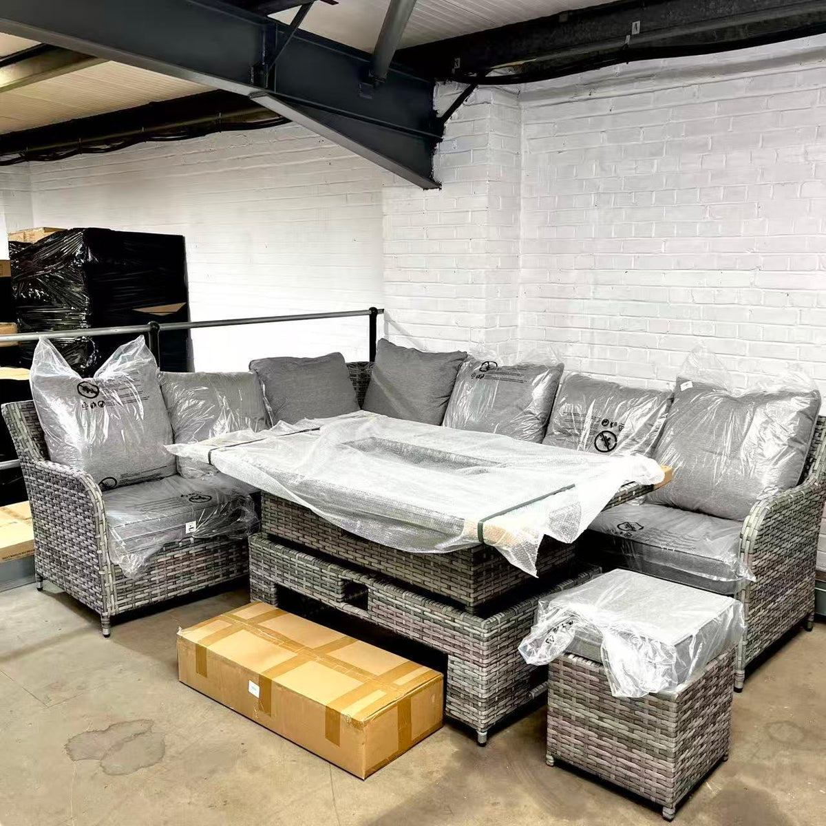 Warehouse CLEARANCE ......Sicily Range Aluminium Left Hand Corner Set with FIRE PIT Rising Table in Rustic Grey Weave