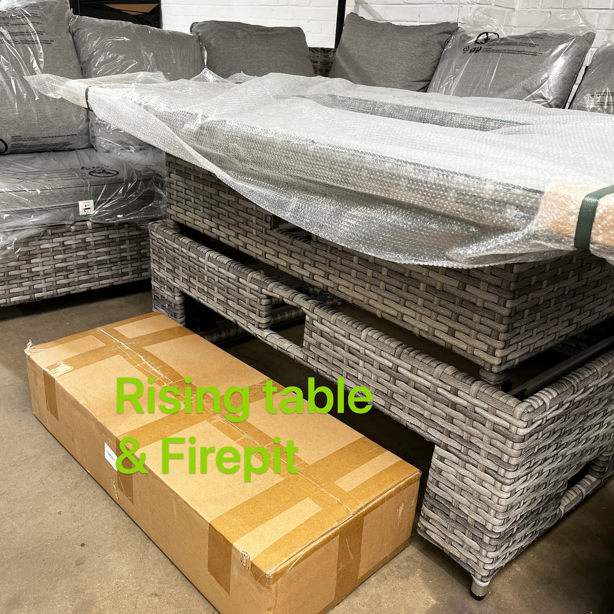 Warehouse CLEARANCE ......Sicily Range Aluminium Left Hand Corner Set with FIRE PIT Rising Table in Rustic Grey Weave