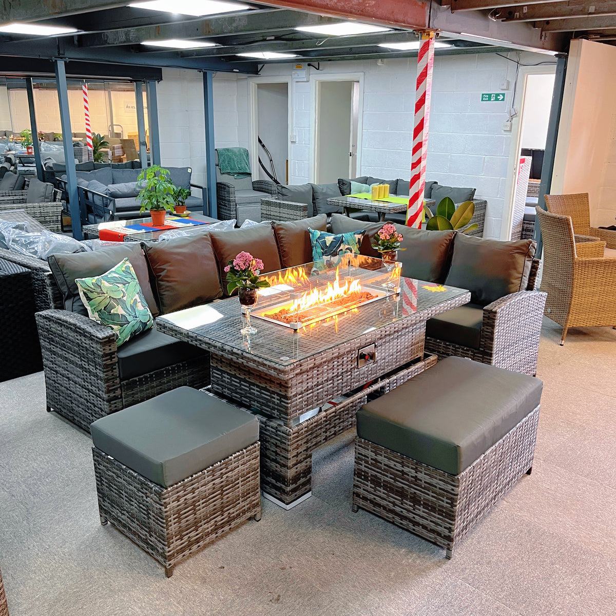 Harmony Range High Back Right Hand Corner Sofa Set with Fire Pit Rising Table in Grey Weave