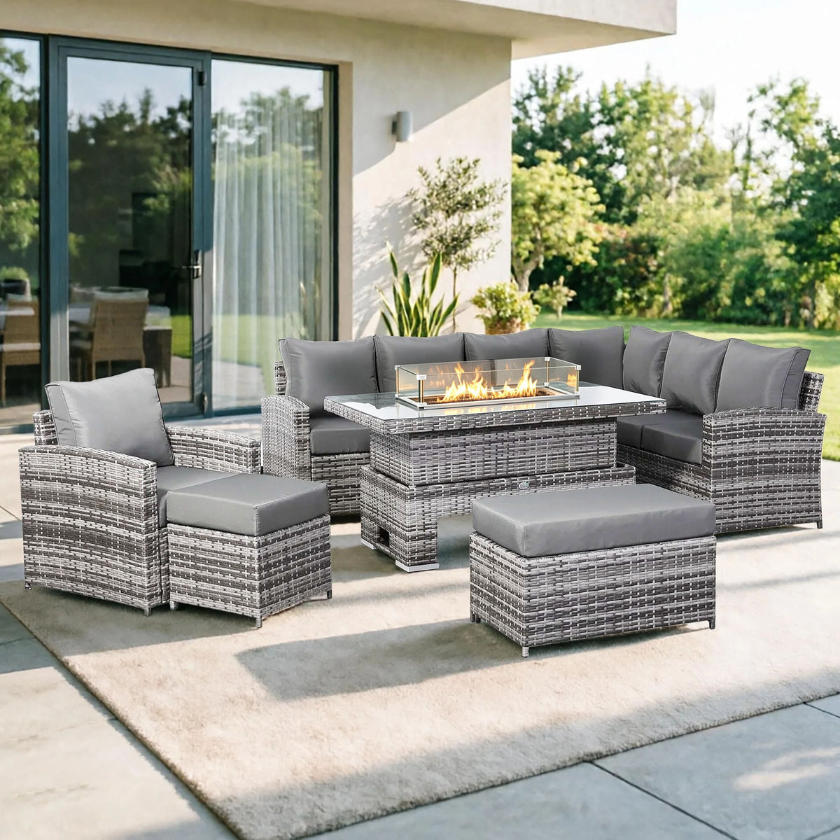 Harmony Range Elite High Back Right Hand Corner Sofa Set with Fire Pit Rising Table and Arm Chair in Grey Weave